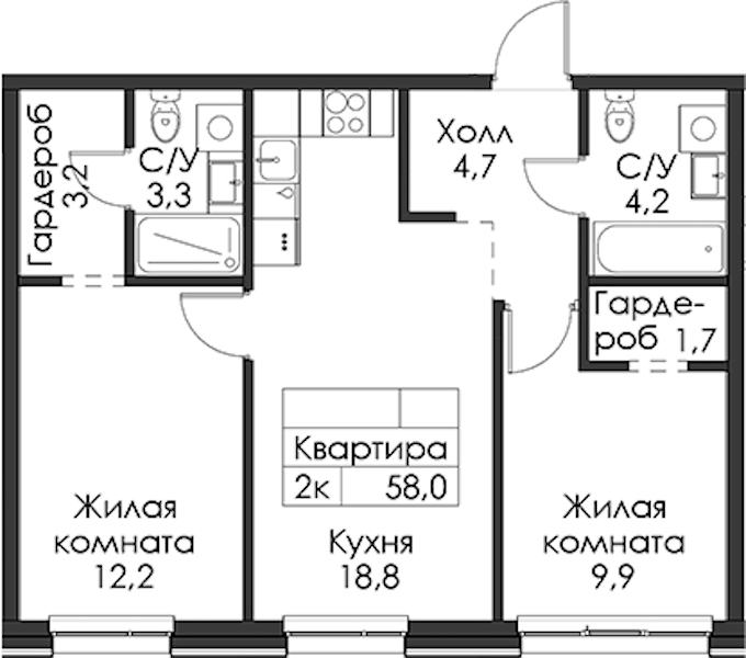 2-комнатная квартира 58 м², 1/12 эт., ЖК «Шкиперский 19»